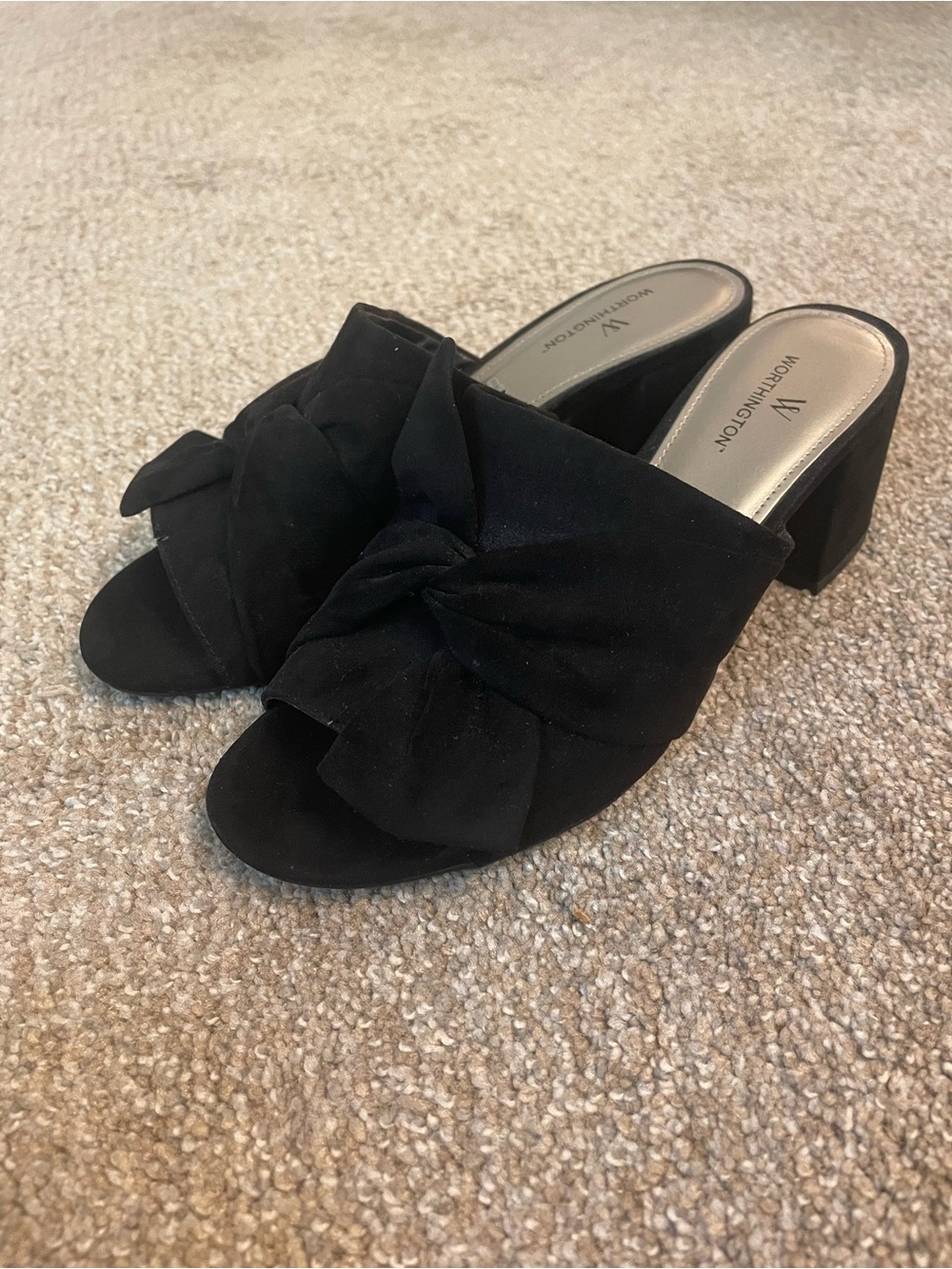 Worthington Freemont Black Knot-Twist Bow Suede Block Heel Mules Size 6.5